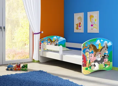 Produktbild von Kinderbett, Babybett 70x140, 80x160, 80x180cm Juniorbett, Kind, Motiv, Schublade CLAMARO, Bett Farbe:34 Farm, Ausführung:Ohne Bettkasten, Bett Größe:140 x 70 cm