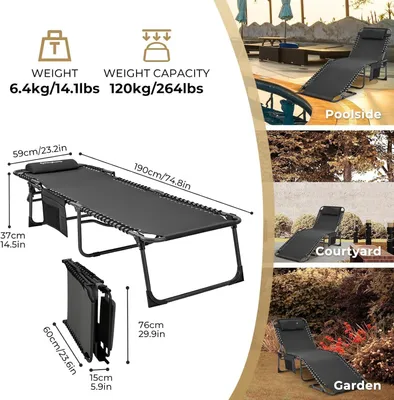 Immagine prodotto di Sedia pieghevole - Sedia da campeggio - Nera - Pieghevole - Regolabile in 5 posizioni con cuscino poggiatesta