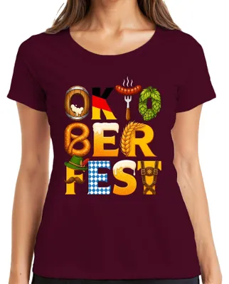 Obrázek produktu pro , Wiesn, Bavorsko, pivo, preclík, kožené kalhoty, tradiční sukně, Mnichov, vous, dámské tričko, vínová barva, velikost S