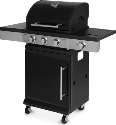 A black gas grill with silver accents is shown against a white background.