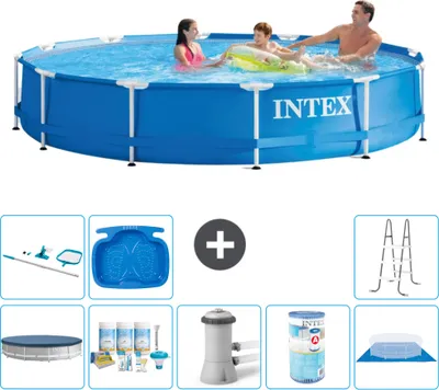 Produktbild von Intex-Schwimmbecken mit rundem Rahmen – 366 x 76 cm – Blau – im Lieferumfang enthalten Abdeckung - Wartungspaket - Filterpumpe für Schwimmbad - Filter - Bodenplane - Reinigungskit