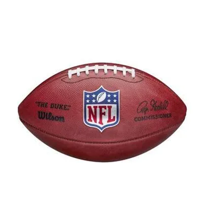 A professional studio shot of an NFL football against a white background.