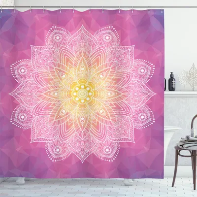 Produktbild von ABAKUHAUS Mandala Duschvorhang, Psychedelische Spirituelle Magische Kraft des Lebens, 175 x 220 cm, Fuchsia Gelb