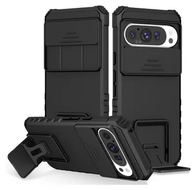 Immagine prodotto di Custodia per Google Pixel 10 / Pixel 10 Pro a doppio strato robusta, protezione militare con kickstand e protezione scorrevole per la fotocamera nero