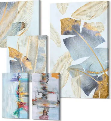 Produktbild von Wandbilder Leinwand 5-teilig – – Polycanvas Kunstdruck – Moderne Bilder für Wohnzimmer & Schlafzimmer – Aufhängefertig – 2x 30x30 cm + 2x 20x30 cm + 1x 40x60 cm – Pflanzenmotive mit modernen künstlerischen Akzenten