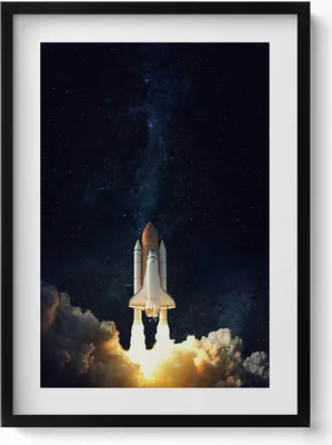 Produktbild von Rakete, die in den Weltraum abhebt– Wandbild mit Rahmen – Gerahmtes Bild  – Wanddekoration – 50x70 cm –  Schwarz Rahmen
