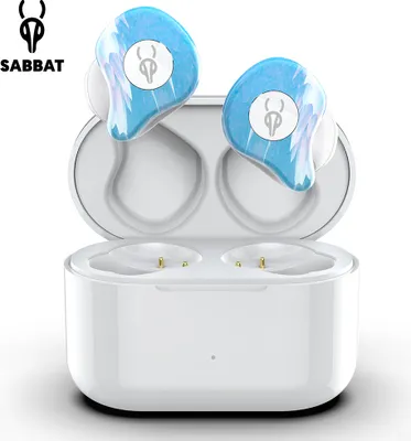 A pair of blue and white wireless earbuds with their charging case.