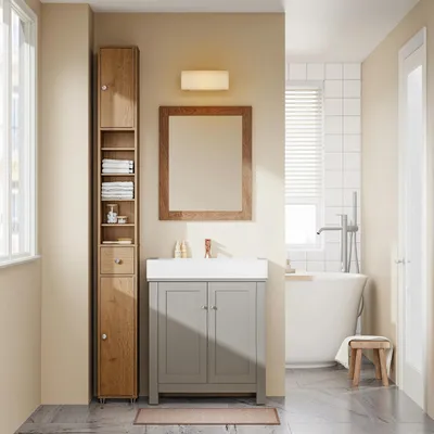 Immagine prodotto di Mobile da bagno Mobile alto - BZR34-II-SH - Design sottile e salvaspazio - Ripiani regolabili - Legno massiccio - Autoassemblaggio - Vintage - Marrone