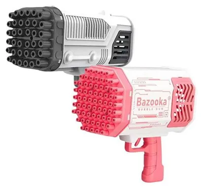 Zwei Bazooka-Blasenpistolen, eine pink-weiß und eine grau-weiß, schräg gezeigt