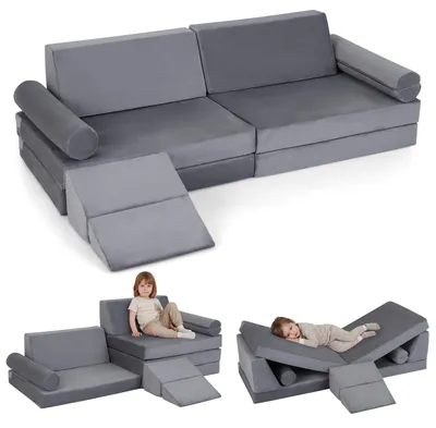 Produktbild von COSTWAY 10 teiliges Kindersofa mit Schlaffunktion, Spielsofa aus Kristallsamt mit Bezüge, Kindercouch, Kuschelecke für Kinder ab 3 Jahre, Grau