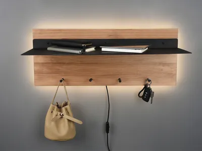 Obrázek produktu pro Nástěnná věšák s LED osvětlením, vyrobený z dřeva, s kovovou policí na klobouky, černý, 75 cm
