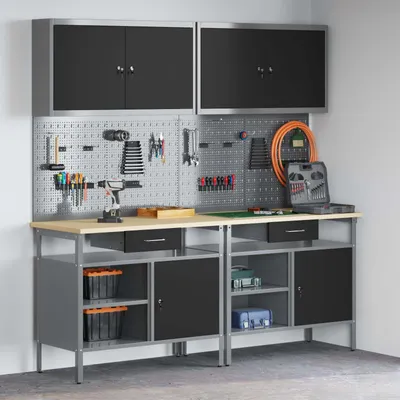 Productafbeelding van vidaXL Werkbank-set, 8 stuks, zwart en grijs, gepoedercoat staal