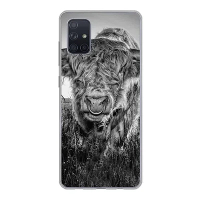 Produktbild von MuchoWow® Handyhülle Schutzhülle Hülle für Samsung Galaxy A71 Schottischer Highlander - Schwarz und Weiß Silikon Softcase Handy Hülle - Kartenbesitzer