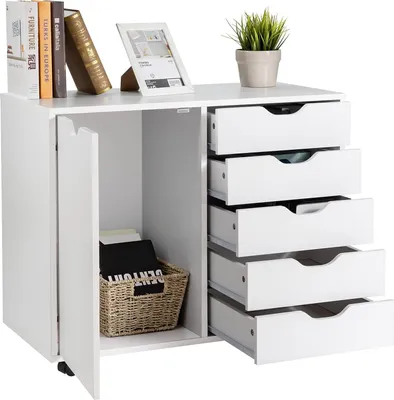 Immagine prodotto di KOMFOTTEU: armadio portadocumenti con rotelle, cassettiera su ruote a 5 cassetti, cassettiera da ufficio, mobile per stampante in legno, carrello da ufficio bianco, 79x39x65 cm