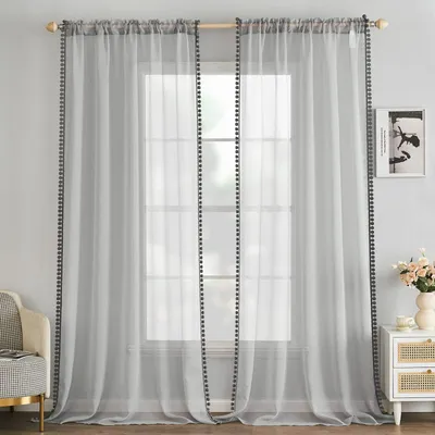Transparente Vorhänge mit Pompons, 2 Stk., 260x140 cm, Grau