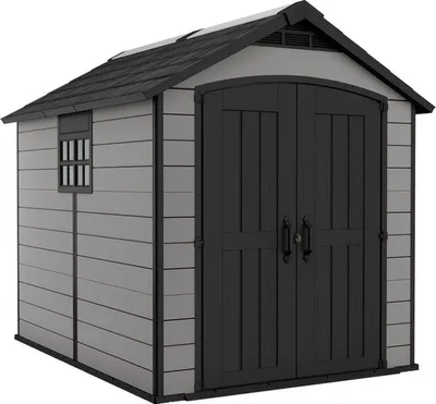 A gray and black plastic garden shed with double doors and a small window.