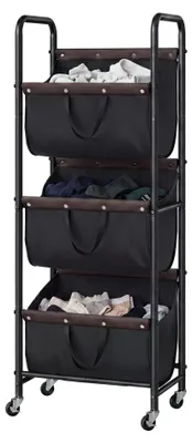 Produktbild von Wäschekorb 3 Fächer mit Rollen - Wäschesortierer - Wäschekorb mit Deckel - Organisation - Aufbewahrung - Schwarz - Wäschezimmer-Organizer