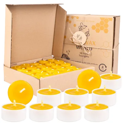 Imagen del producto de Velas de cera de abeja 100% – Velas tipo tealight con mechas de algodón – Tiempo de combustión: 4 horas – Juego de velas de 10 a 50 unidades (50, blanco)
