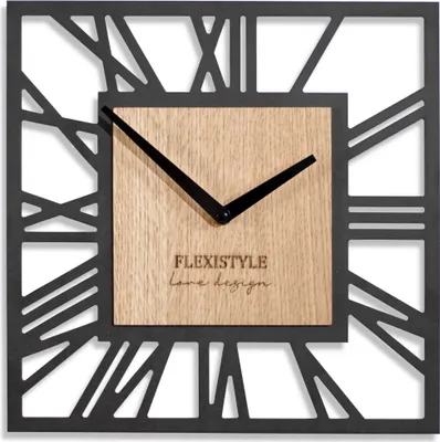 A square wall clock with a modern design, featuring Roman numerals and a wooden face.