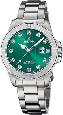 A product shot of a Festina watch with a green dial.