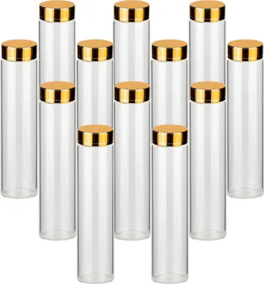 Produktbild von gouveo 12er Set Schraubgläser 100 ml Tube mit Deckel goldfarben - Kleine zylinderförmige Gläser mit Verschluss für Gewürze, Kosmetik, Bastelzubehör