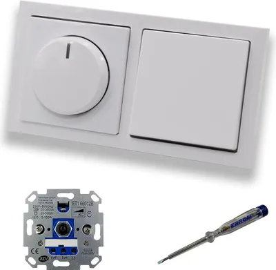 Produktbild von REV Ritter LED Drehdimmer Dimmer + Busch Jäger Dimmerscheibe 6540-84-102 und Lichttaster 2020 US in Future Linear Studioweiß glänzend inklusive EBROM Phasenprüfer zur Montage der Geräte ET1 66012B
