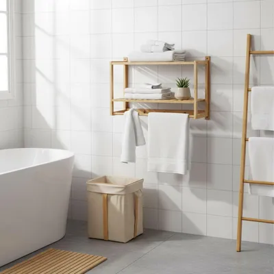 Image de Étagère de salle de bain en bambou avec porte-serviettes et crochets