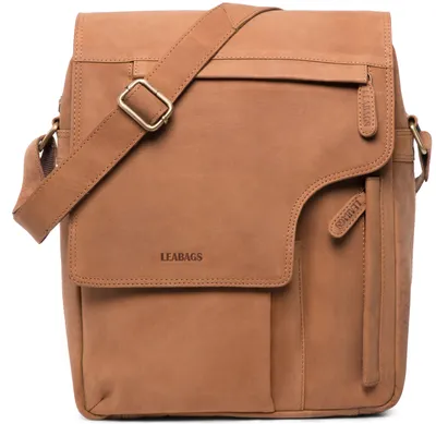 Zdjęcie produktu dla LEABAGS Skórzana torba na ramię dla mężczyzn i kobiet | Torba na laptopa z prawdziwej skóry do 13 cali | Torba typu messenger z paskiem na ramię | Torba na ramię | Torba do pracy | Torba na zakupy | Torebka | Kolor: jasnobrązowy