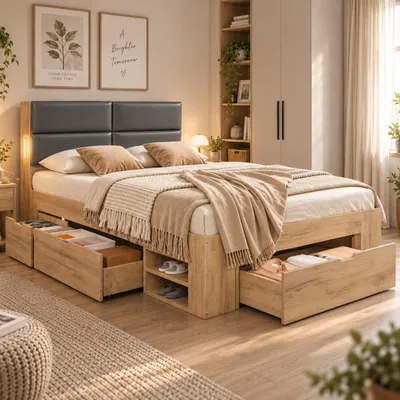 Produktbild von okwish Kinderbett 140×200 mit USB-Anschluss,Schubladen und Stauraum,Einzelbett aus Holz mit PolyurethanKopfteil,Jugendbett,Natur, ohne Matratze, KI-generiertes Bild