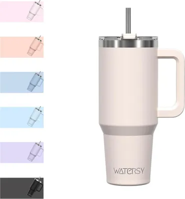 Image de 30oz Thermobecher to Go Acier inoxydable Double paroi Anti-Fuite Gobelet avec poignée et paille Beige clair