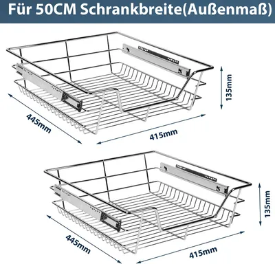 Two identical pull-out wire baskets with drawer slides are shown against a white background, with dimensions indicated.