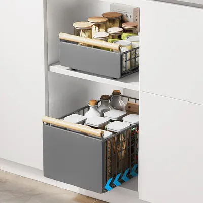 Produktbild von 2er-Pack ausklappbarer Holzgriff-Küchenorganizer, Faltschrank für Vorrat, Schubladen, Auszugküchenregal, Holz, Grau