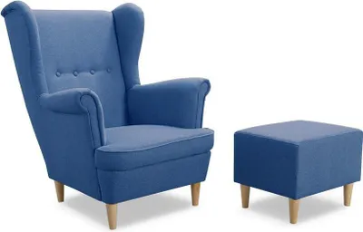 Produktbild von Easy4You Sessel Uszak mit Fußbank Blau 82x100x86 cm, Relaxsessel, Skandinavischer Sessel, Moderner Polstersessel in Stoff Erie 11, Wohnzimmermöbel, Füße aus Holz