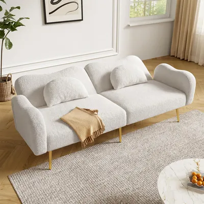 Zdjęcie produktu dla Dwuosobowa sofa Merax z funkcją spania, rozkładana sofa z regulowanym oparciem, konstrukcja w kształcie chmurki, metalowe nóżki, zintegrowany schowek, niebiesko-szara