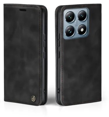A black flip case for a smartphone, shown from the front and back.