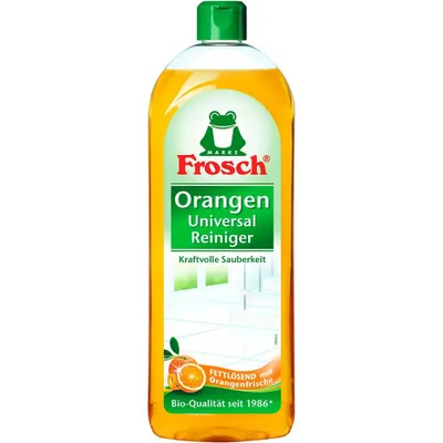 A bottle of Frosch Orangen Universal Reiniger cleaning product.