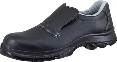 A single black safety shoe on a white background.