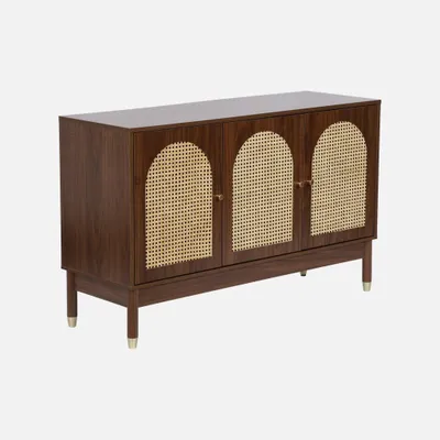 Produktbild von sweeek - Sideboard Holzdekor und Rattan-Geflecht 3 Türen 120 cm - Nussbaumfarben