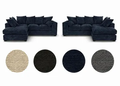 Zdjęcie produktu dla Narożna sofa lewostronna DIVERS, 3-osobowa, z tkaniny sztruksowej, ciemnoniebieska, 212 x 166 cm, sofa do salonu w stylu nowoczesnym