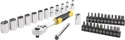 A set of tools including a ratchet, sockets, and screwdriver bits, laid out on a white background.