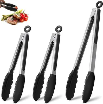 Image de set de 3 pinces à griller en silicone - pinces à pâtes et à viande résistantes à la chaleur pour le barbecue et la cuisine (23 cm et 30,5 cm) - pince de cuisson inoxydable
