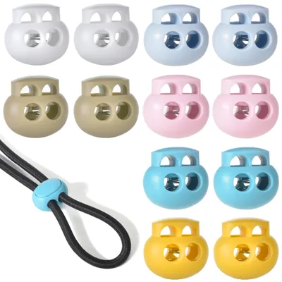 12 Kordelstopper, 2 Löcher, 6 mm, Kunststoff, Feder, Hell, M