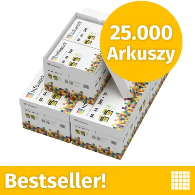Zdjęcie produktu dla NOWOŚĆ: Infowerk Papier do drukarek i kopiarek, 25000 arkuszy, 50 x 500, A4, Premium, ekstra biały, CIE 160, Zwycięzca testów, Certyfikat PEFC