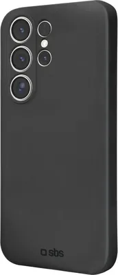 A black phone case with a camera cutout is shown from a diagonal back view.