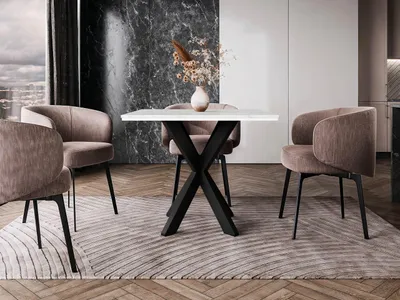 Obrázek produktu pro Designový jídelní stůl 90x90 MUKILTEO - mramor bílý / lesklý bílý / černý