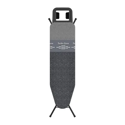 A top-down view of a dark gray ironing board with a lighter gray section and a band with the text "Turbo-Zone" printed on it. The ironing board is supported by black legs.