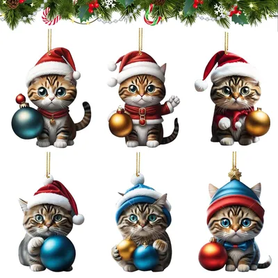 Katzen-Weihnachtsbaumanhänger, 6 Stück, Acryl, bunt