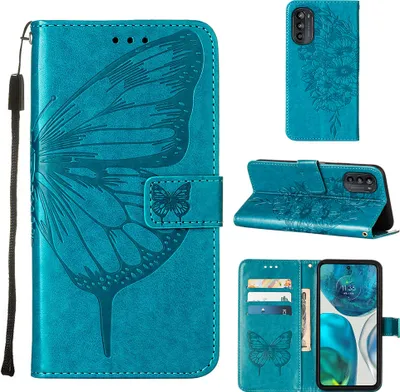 Produktbild von Moto G52 Hülle, Schmetterling Prägung Flip Leder Kartenfächer Schutzhülle Ledertasche mit Ständer für Motorola Moto G52 Blau