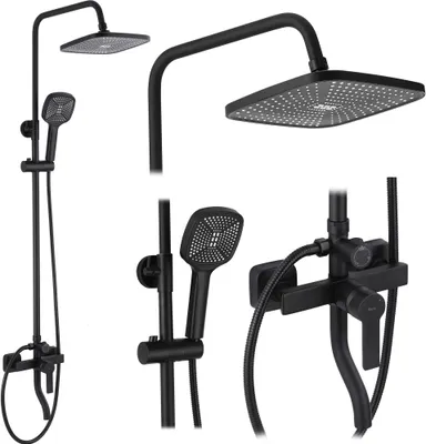 A collage of images showing different views of a black matte shower set.