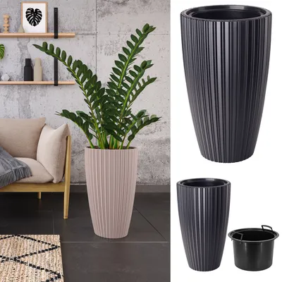 A collage showing a plant in a pot in a living room setting, and separate images of two plant pots, one larger and one smaller, with an insert.